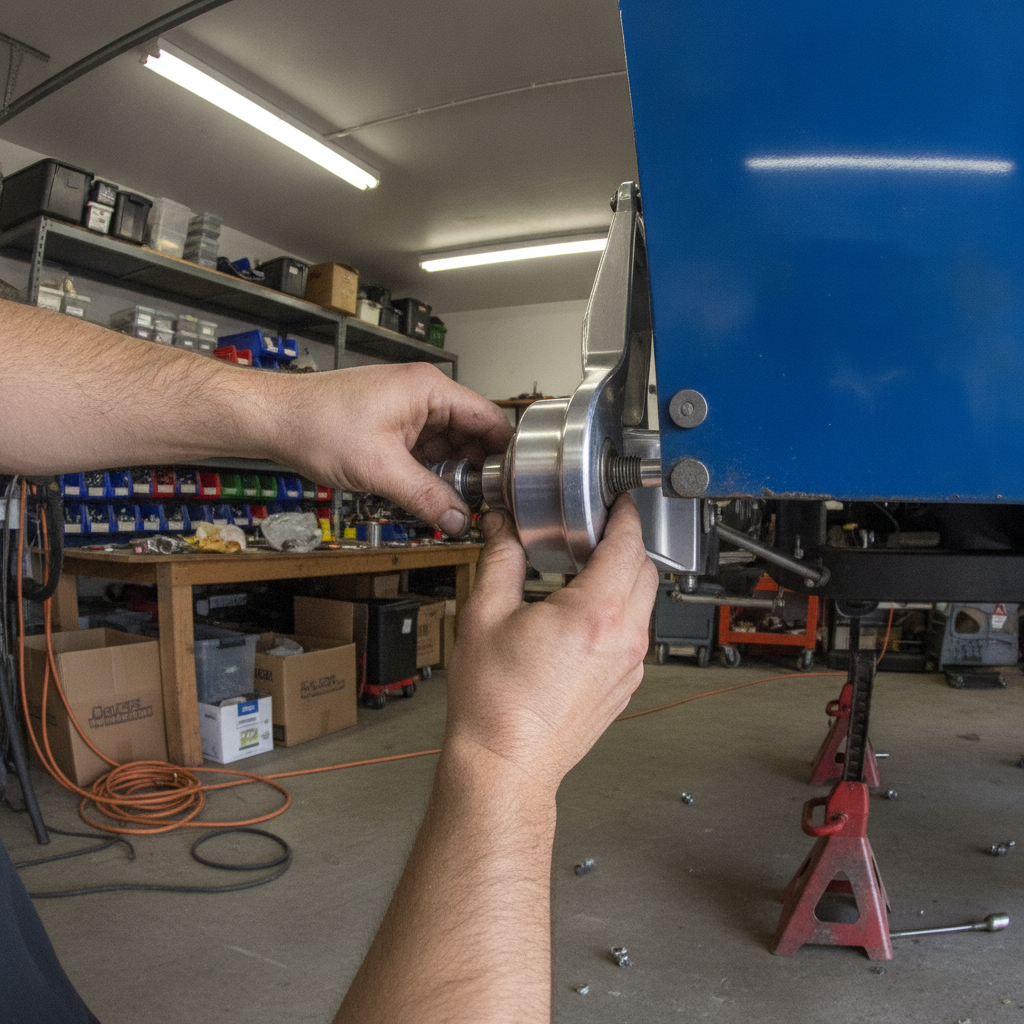 A crew member's hands inspecting a rear suspension birdcage and heim joint on a race car up on jack stands