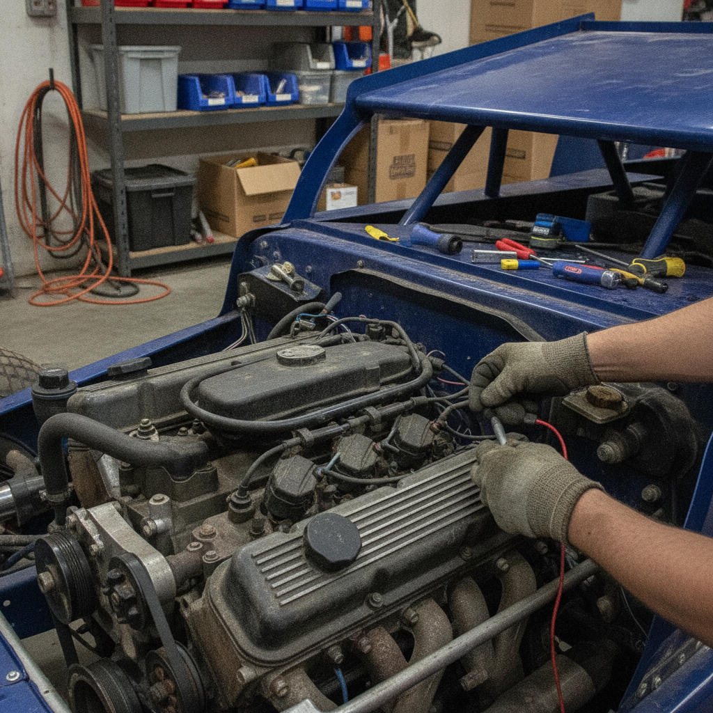 A crew member checking electrical connections and a coil wire on a race car engine