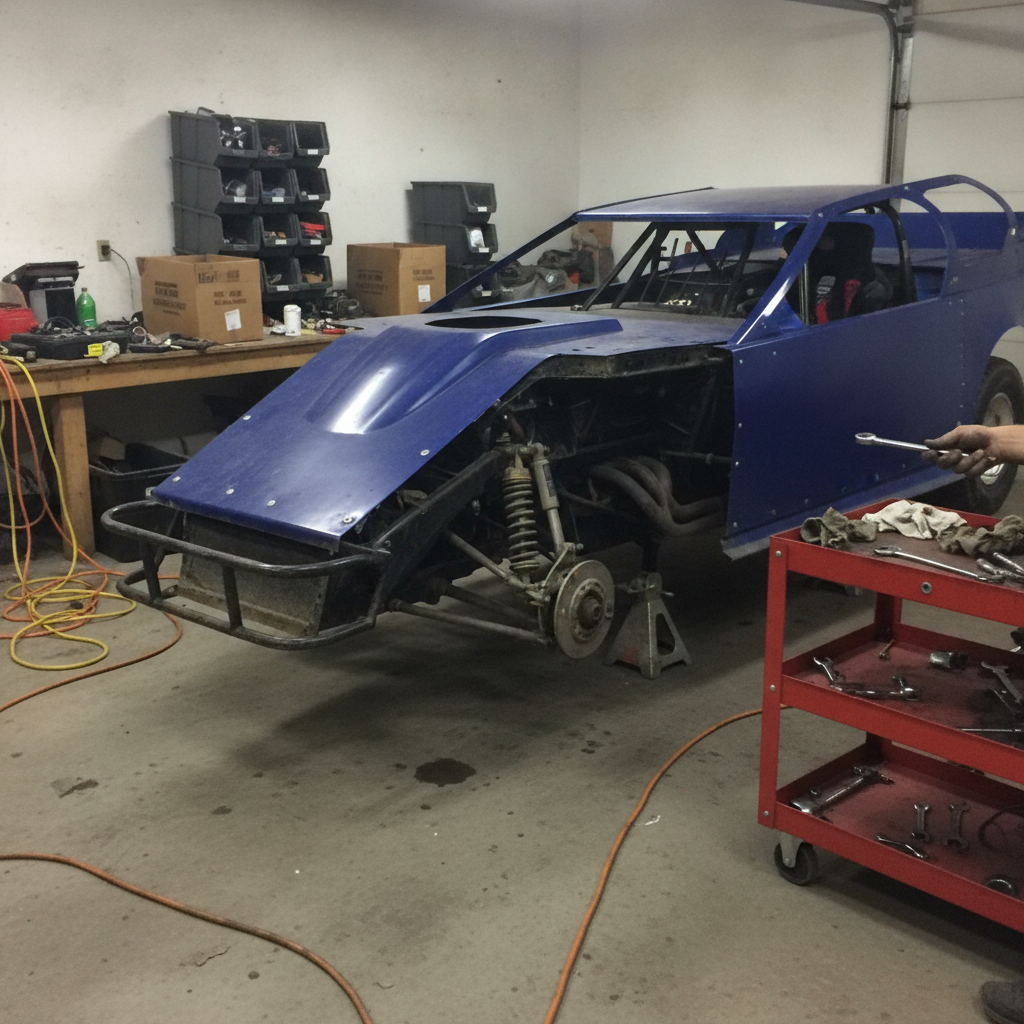 A race car up on jack stands in a cluttered home garage, front suspension visible